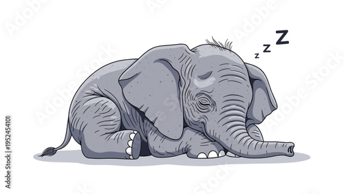 Large grey elephant lies peacefully on the ground fast asleep with Z symbols floating above to represent deep rest.
