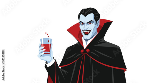 Sinister vampire with pale blue skin and red eyes dressed in a black cape holds up a glass of blood with a cruel smile.
