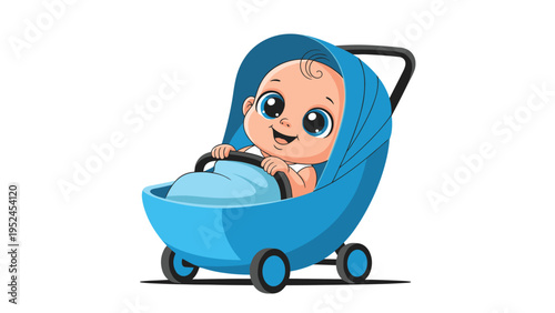 Adorable baby with big blue eyes and a single curl of hair sits happily inside a modern blue stroller for a walk.