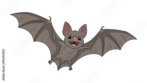 Friendly brown bat with large ears and a wide smile flies with its leathery wings spread out across a white background.