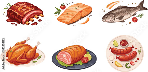 Delicious Meat and Seafood Dishes Vector Collection Featuring Roasted Chicken, Salmon Fillet, Sausages, Ribs, and Fresh Fish Illustrations for Food Design