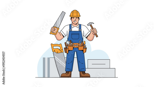 Skilled construction worker in a blue jumpsuit and hard hat holds various tools including saws and a hammer for building.