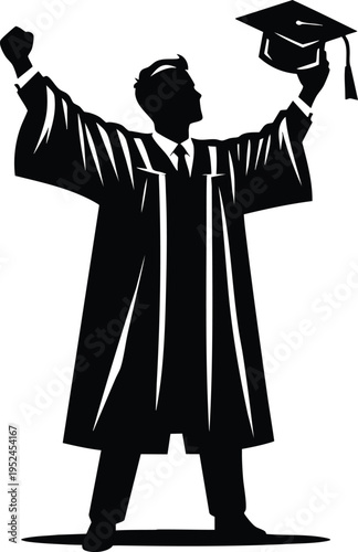 Silhouette of a graduating student in a cap and gown raising arms in celebration symbolizing achievement and success isolated on white