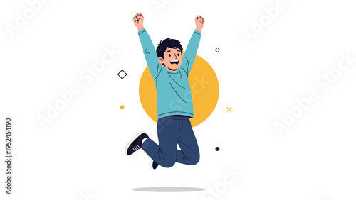 Enthusiastic boy in a teal shirt and jeans jumps high into the air with arms raised in a celebration of pure joy.