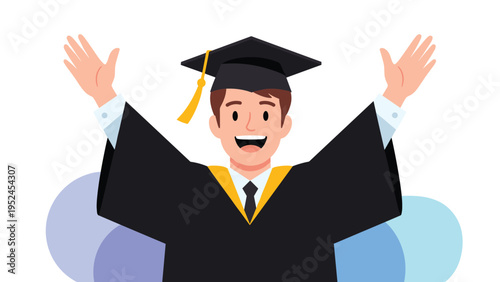 Joyful young man in a black graduation gown and mortarboard cap celebrating his academic success with raised arms.