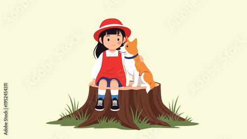 Small girl in a red hat and dress sitting on a tree stump next to her loyal dog friend in a peaceful forest setting.