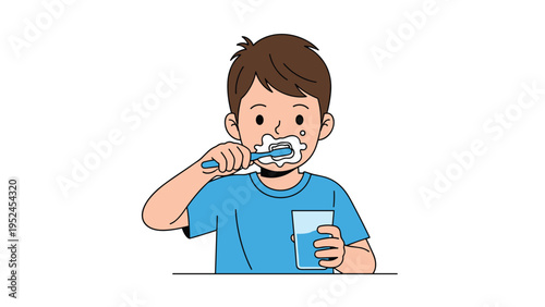 Diligent young boy brushing his teeth with a blue toothbrush and holding a glass of water for good dental hygiene habits.
