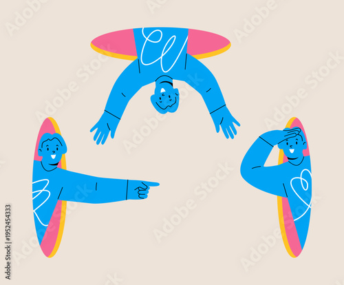 Happy enthusiastic lively woman. Search, explore concept. Colorful vector illustration