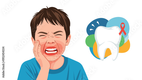 Distressed young boy suffering from a painful toothache while a tooth icon with a red warning ribbon shows in the background.