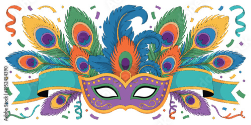 A vibrant Mardi Gras-style digital illustration featuring a decorative carnival mask with colorful feathers (1)_traced