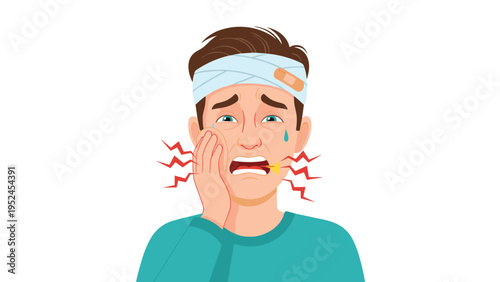 Injured man with a bandage on his head and a hand to his face suffering from a severe toothache and facial pain.