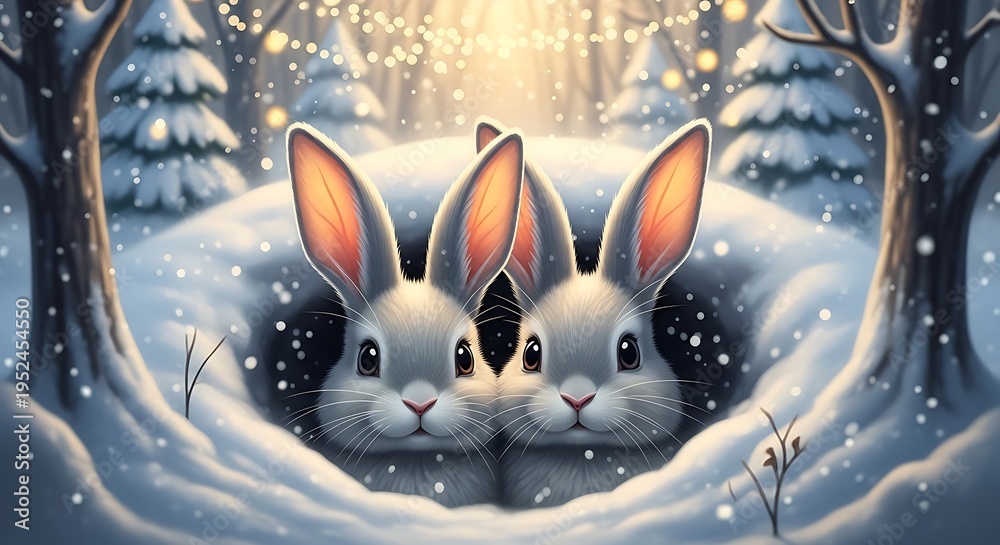 Obraz premium Two rabbits in a snowy forest glade