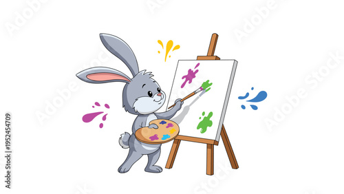 Creative cartoon rabbit standing and painting colorful splashes on a white canvas while holding a palette and brush.
