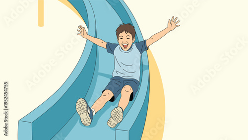 Exciting moment of a young boy sliding down a blue playground slide with his arms raised in pure fun and enjoyment.