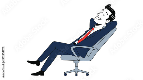 Successful businessman in a suit relaxing in his office chair with his hands behind his head and a satisfied smile.