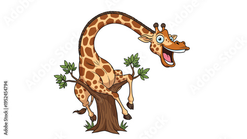 Funny giraffe with a long neck stuck in the branches of a tree while making a hilarious and surprised facial expression.