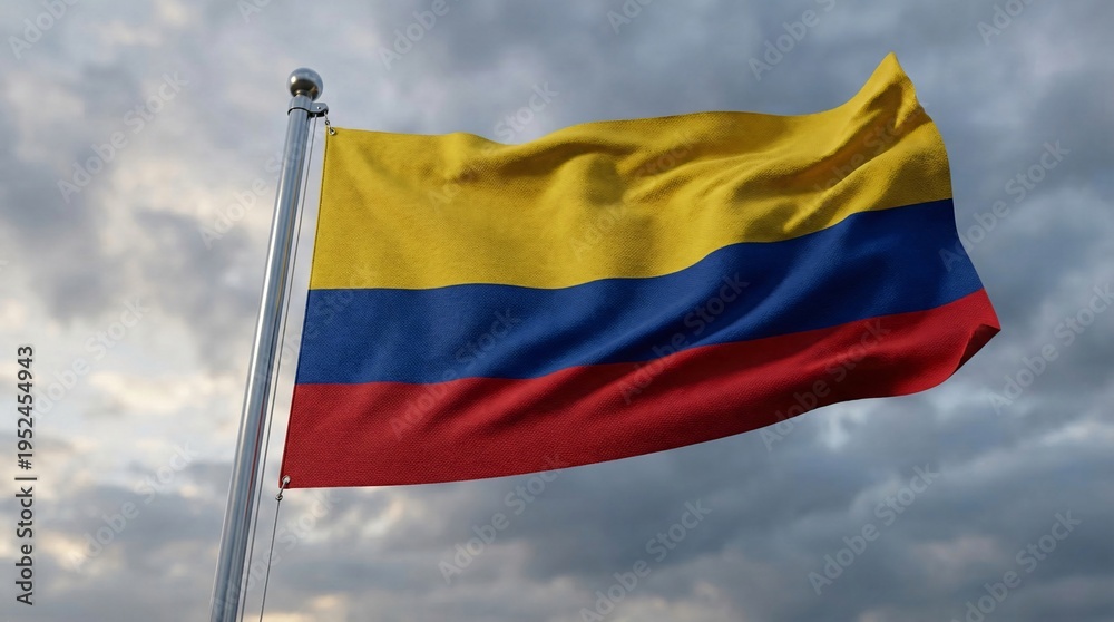 Fototapeta premium The Colombian flag with its distinct yellow blue and red horizontal stripes billows in the wind against a moody overcast sky