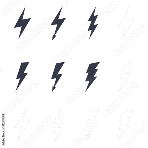 Lightning icon grid, different variations of lightning symbol designs, collection of flashes of electrical energy, lightning graphic set with different levels of opacity..ai