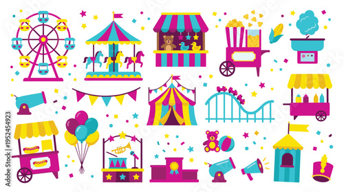 Carnival Fairground Amusement Park Icons Set