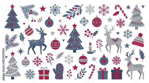 Christmas Holiday Elements Collection with Reindeer Trees and Snowflakes
