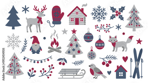 Christmas Holiday Elements Set with Festive Icons and Winter Decorations