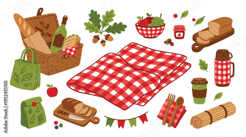 Picnic Elements Collection with Red Checkered Blanket and Food Items