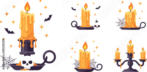 Halloween Candle Vector Set Featuring Melting Wax Candles, Skull Holder, Bats, and Spooky Decorations for Horror Party and Holiday Design