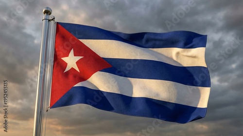 Free Download The Cuban flag with its striking red triangle, white star, and blue and white stripes waves dynamically against a moody sky, a powerful representation of national identity and history - GFXLoad