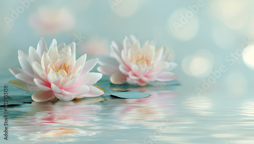 水面に咲く美しい睡蓮｜幻想的な光とボケ味の背景｜ヒーリング・ウェルネス素材