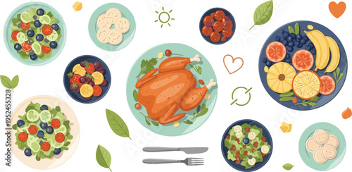 Healthy Balanced Meal Vector Illustration Featuring Roast Chicken, Fresh Salads, Fruits, and Nutritious Food Plates for Diet, Wellness, and Clean Eating Design