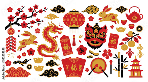 Chinese New Year Elements Collection with Dragon Rabbit Lantern and Festive Decorations