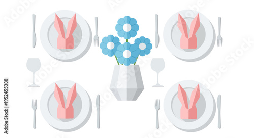 Top view of elegant Easter table setting with bunny napkins and blue flowers in vase for holiday dinner