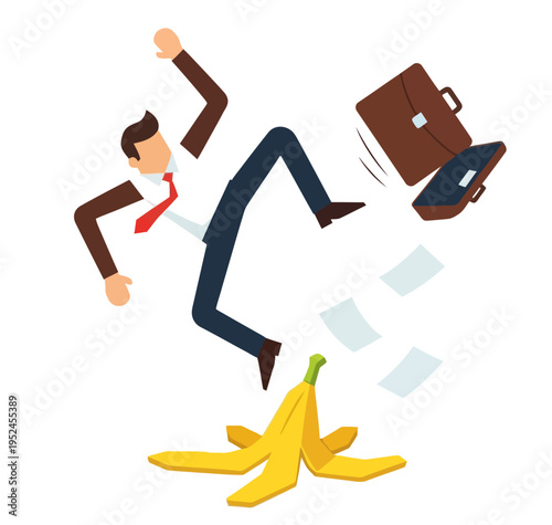 Businessman slipping on banana peel dropping briefcase and papers representing business failure and mistake concept