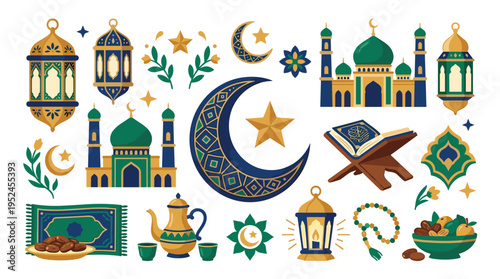 Ramadan Kareem decorative elements set with mosque lantern crescent and prayer rug