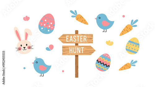 Easter hunt wooden directional sign surrounded by cute bunny face blue birds carrots and decorated colorful eggs