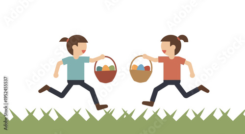 Two happy young girls running with baskets full of colorful Easter eggs in a green grassy field spring holiday celebration