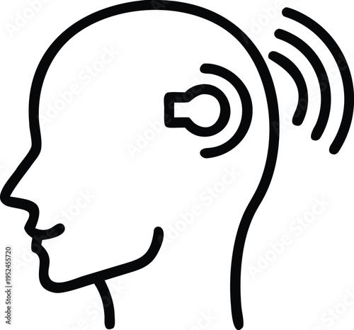 A simple linear illustration of a person wearing a hearing aid, symbolizing the auditory and its device, conveying the concept of audiology and medical technology.
