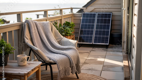 Nachhaltiger Balkon mit Solarmodul und gemütlichen Textilien