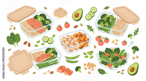 Healthy Meal Prep Containers with Salmon Chicken and Fresh Vegetables