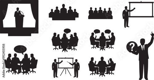 Business Meeting Silhouettes in Black and White Color Scheme