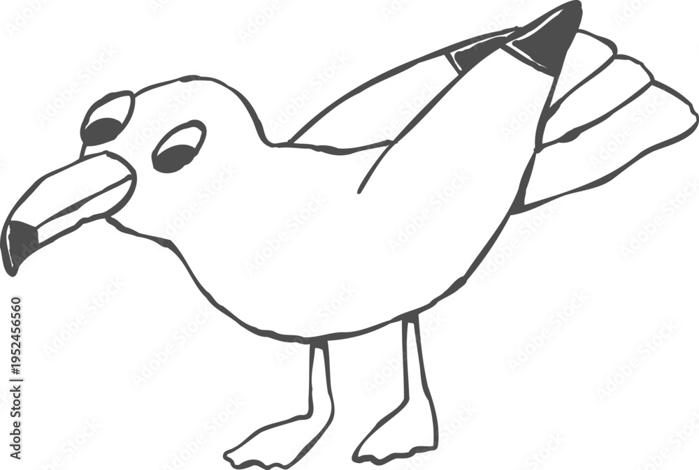 Fototapeta premium Hand Drawn Funny Seagull Character, Doodle Line Art Ink Sketch Black and White Illustration