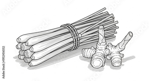 Detailed Line Art Depiction of Lemongrass and Galangal Roots.