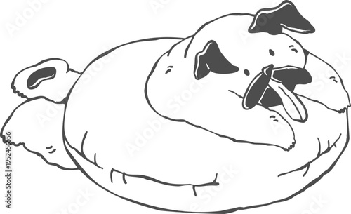 Hand Drawn Pug Swimming with Inflatable Ring, Funny Summer Beach Doodle Line Art Illustration