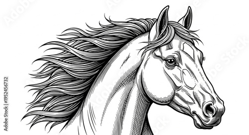 Detailed Horse Head Illustration with Flowing Mane and Intricate Details.