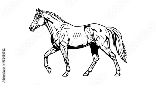 Elegant Horse Illustration - A Detailed Black and White Depiction.