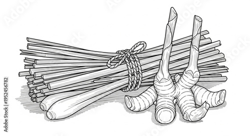 Detailed line art of lemongrass and galangal, culinary herbs.