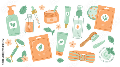 Natural Skincare Routine Set with Organic Beauty Products and Facial Tools