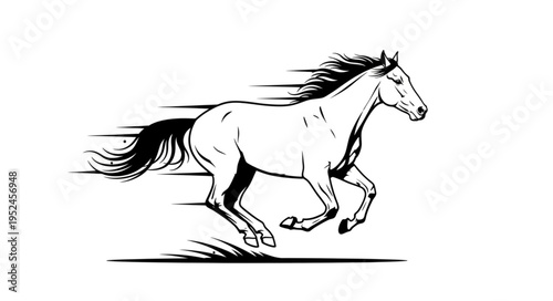 Dynamic Black and White Illustration of a Galloping Horse in Motion.