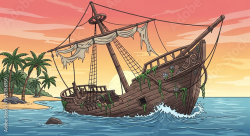 Wrecked Pirate Ship on a Tropical Island Shoreline.