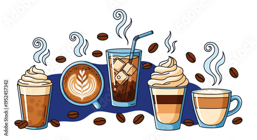 Assortment of Coffee Drinks with Latte Art, Cold Brew, and Creamy Frappuccinos